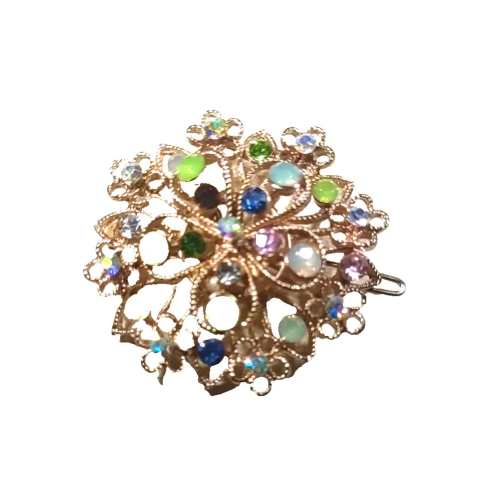 Hair Barrette Floral design Rhinestone Elegant Feminine Green Yellow Gold...